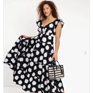 Kate Spade Pom Pom Floral Smocked Maxi Dress Sz L Black/White Excellent Cond